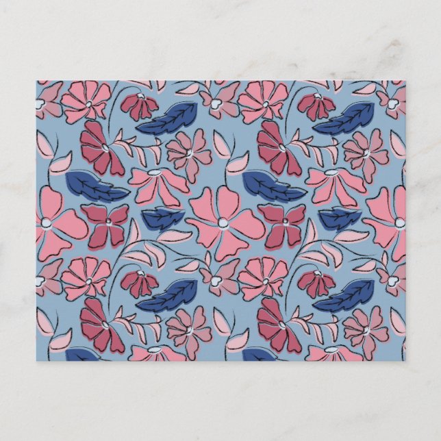 Pink and Blue Hand Drawn Floral Block Print Postcard (Front)