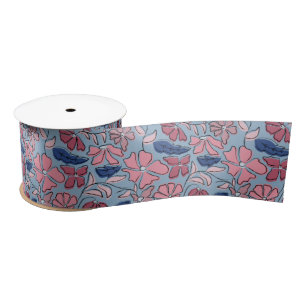 Pink and Blue Hand Drawn Floral Block Print Satin Ribbon