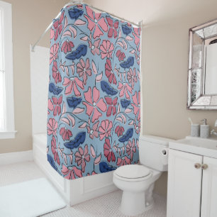 Pink and Blue Hand Drawn Floral Block Print Shower Curtain