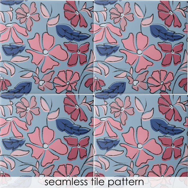 Pink and Blue Hand Drawn Floral Block Print Tile (Pink and Blue Hand Drawn Floral Block Print Ceramic Tile)