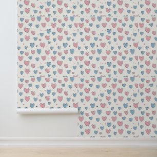 Pink and Blue Hand-Drawn Hearts Pattern Wallpaper