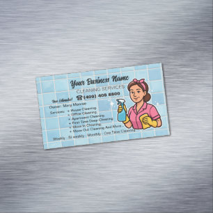 Pink and Blue Housekeeper House Cleaning Services Magnetic Business Card