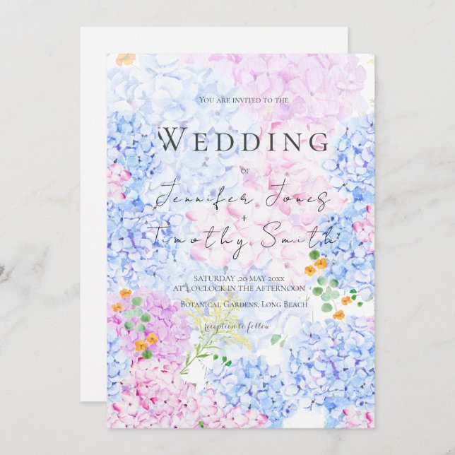 pink and blue hydrangea wedding invitation  (Front/Back)