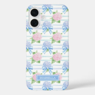 Pink and Blue Hydrangeas Striped iPhone 16 Case