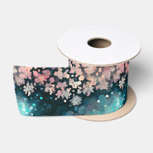 Pink and Blue Icy Snowflake Repeating Pattern Satin Ribbon