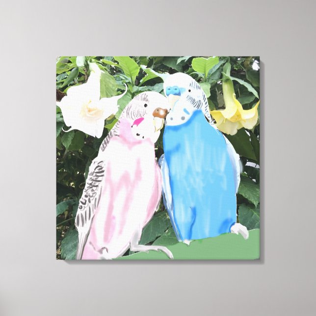 Pink and Blue Kissing Budgies and Angel Trumpets Canvas Print (Front)