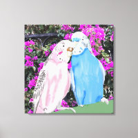 Pink and Blue Kissing Budgies and Bougainvillea