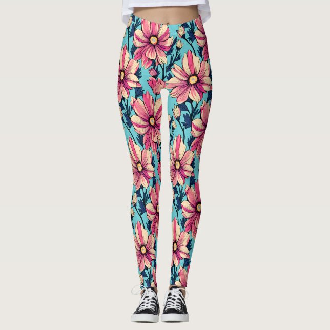 Pink and Blue Large Flowers Pattern Leggings (Front)