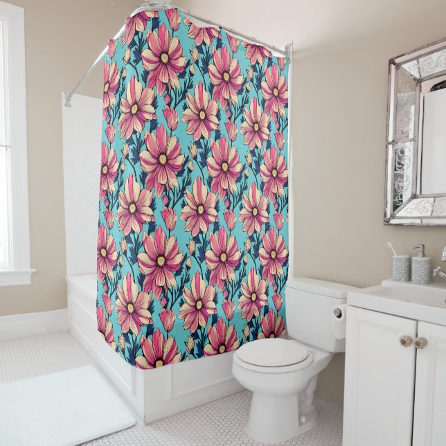 Pink and Blue Large Flowers Pattern Shower Curtain (In Situ)