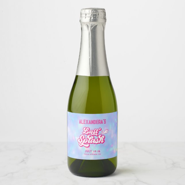 Pink and Blue Last Splash Pool Bachelorette Sparkling Wine Label (Front)