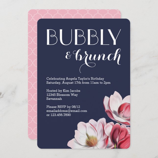 Pink and Blue Magnolia Brunch Invitation (Front/Back)