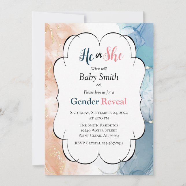 Pink and Blue Marble Watercolor Gender Reveal Invitation (Front)