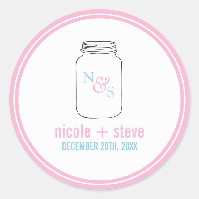 Pink and Blue Mason Jar Monogram Wedding Classic Round Sticker (Front)