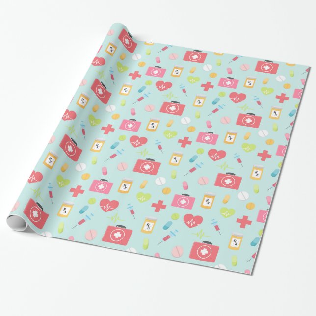 Pink and Blue Medical Theme Wrapping Paper (Unrolled)