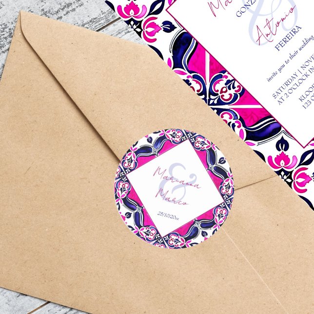 Pink and blue Mexican tiles wedding Classic Round Sticker (Pink and blue Mexican tiles wedding Sticker bride and groom names envelope stickers vintage pattern)