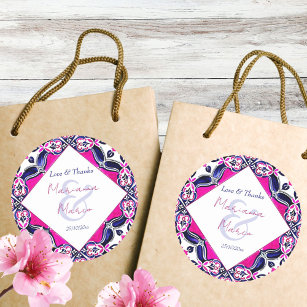 Pink and blue Mexican tiles wedding favour Classic Round Sticker