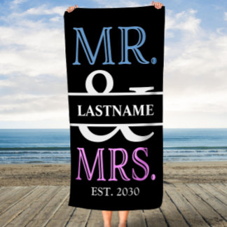 Pink and Blue Mr and Mrs Personalised Beach Towel