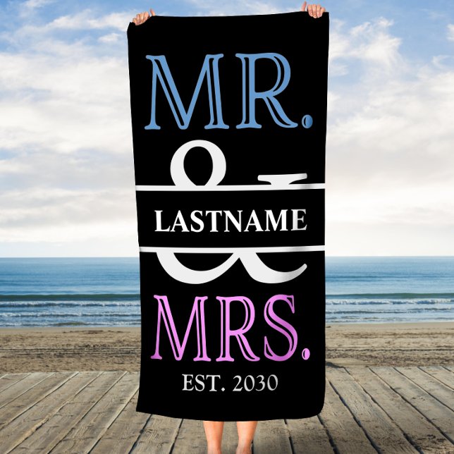 Pink and Blue Mr and Mrs Personalised Beach Towel (Creator Uploaded)