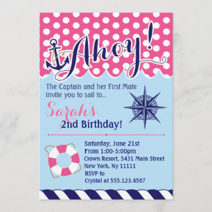 Pink and Blue Nautical Birthday Invitation