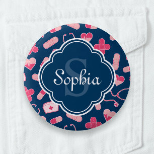 Pink and Blue Nurse Pattern with Monogram 6 Cm Round Badge