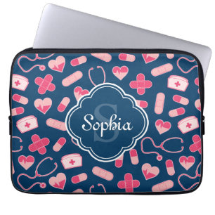 Pink and Blue Nurse Pattern with Monogram Laptop Sleeve