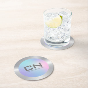 Pink and blue ombre silver border round paper coaster
