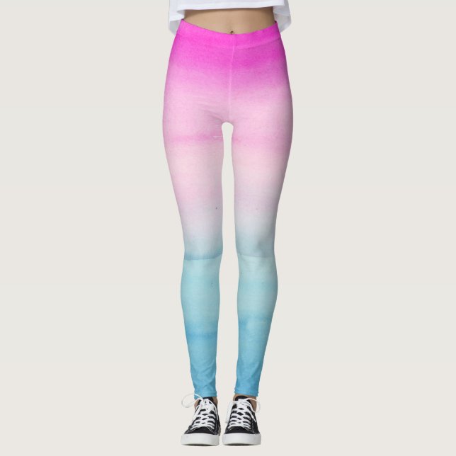 Pink and Blue Ombre Watercolor Leggings (Front)