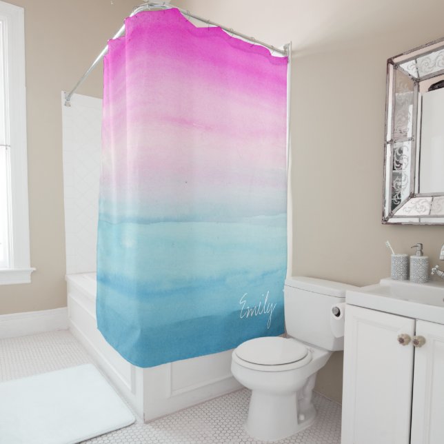 Pink and Blue Ombre Watercolor Personalised Shower Curtain (In Situ)