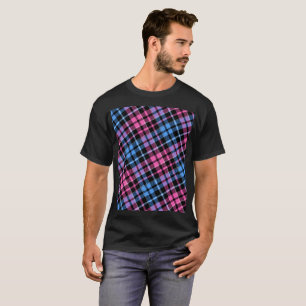 Pink and Blue On Black Plaid Tartan Pattern T-Shirt