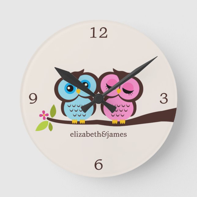 Pink and Blue Owl Couple Round Clock (Front)