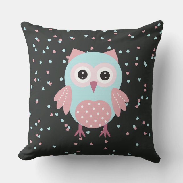 Pink and Blue Owl Throw Pillow (Front)