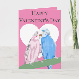 Pink and Blue Pair of Budgies Valentine's Day Holiday Card