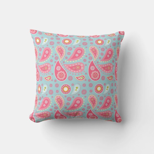 Pink and Blue Paisley Throw Pillow (Front)