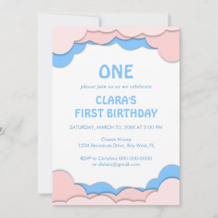 Pink And Blue Paper Cut First Birthday Invitation