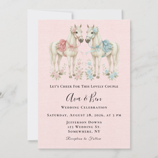 Pink and Blue Pastel Flowers Horse Wedding  Invitation (Front)