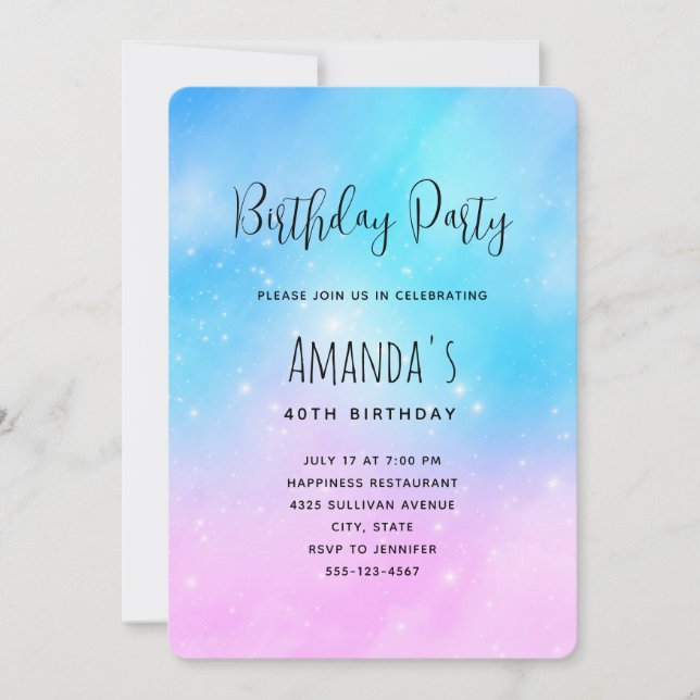 Pink and Blue Pastel Gradient Sky Birthday Invitation (Front)