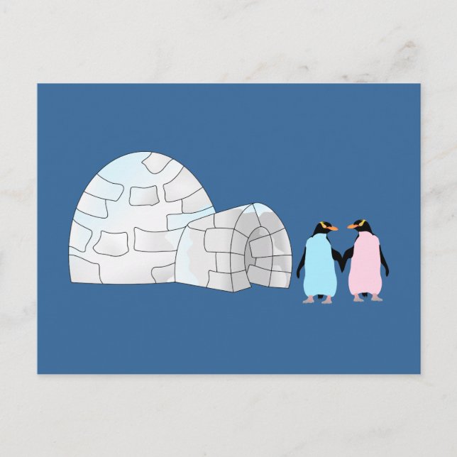 Pink and Blue penguins at igloo Postcard (Front)