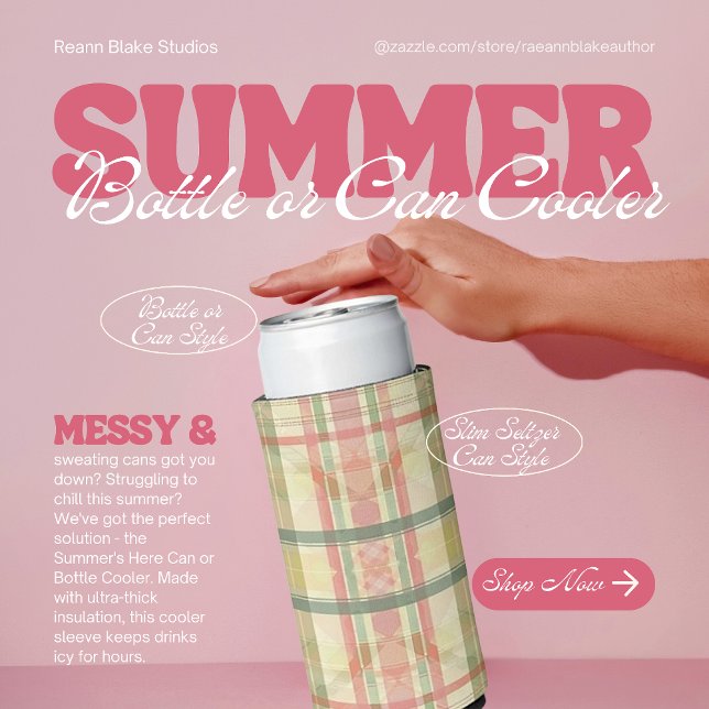 Pink and Blue Plaid Can or Bottle Cooler (Creator Uploaded)