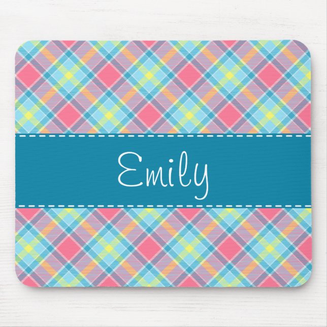 Pink and Blue Plaid Pattern Mouse Pad (Front)