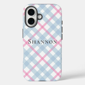 Pink and Blue Plaid Personalized Name iPhone 16 Case