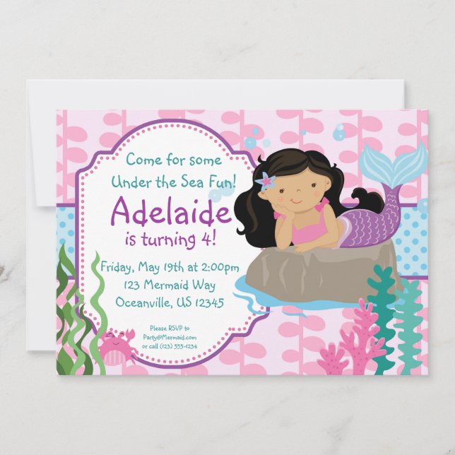 Pink and Blue Polka Dots Brunette Mermaid Birthday Invitation (Front)