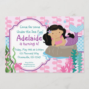 Pink and Blue Polka Dots Brunette Mermaid Birthday Invitation
