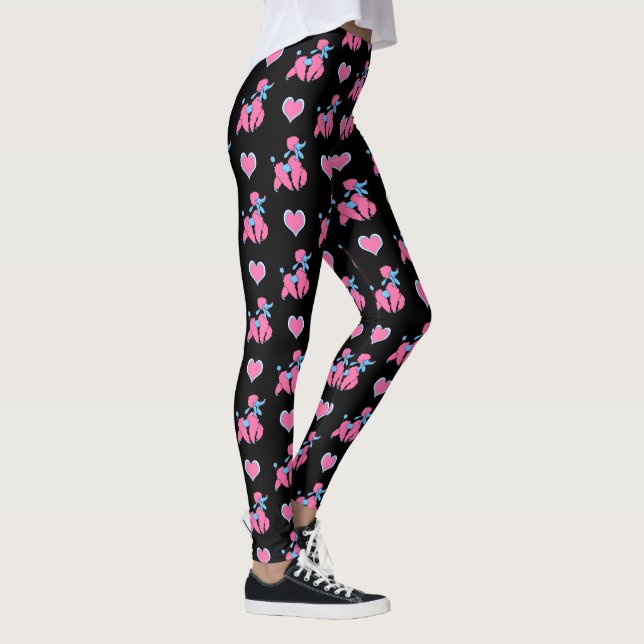 Pink and Blue Poodles and Hearts on Black Leggings (Right)