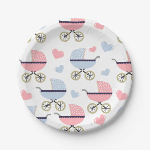 Pink and Blue Pram Pattern Baby Shower Paper Plate