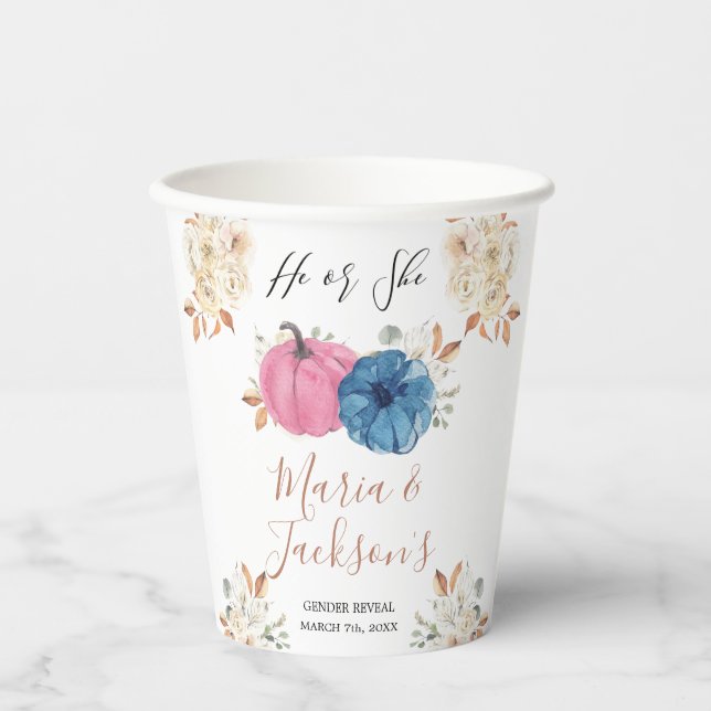 Pink and Blue Pumpkin Floral Gender Reveal White Paper Cups (Front)