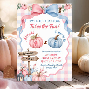 Pink and Blue Pumpkin Patch Joint Sibling Birthday Invitation