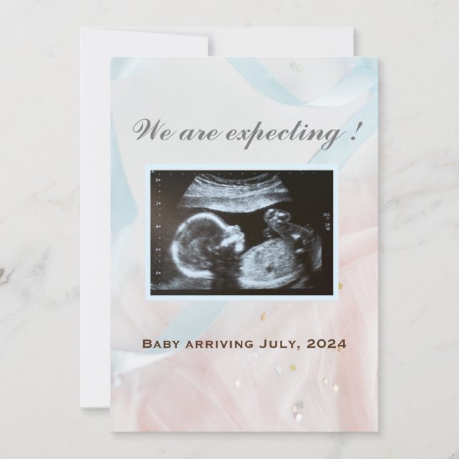Pink and blue ribbons with baby ultrasound announcement (Front)