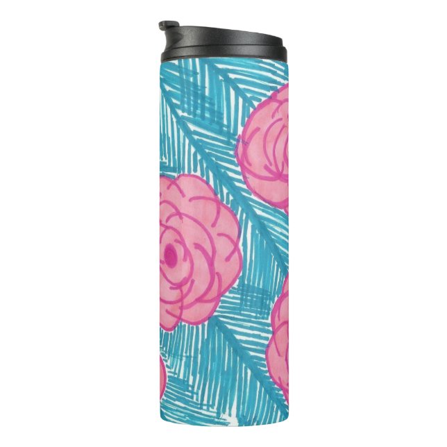 Pink and Blue Roses and Palms Pattern Tumbler (Rotated Right)