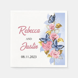 Pink and Blue Roses Floral Modern Boho Napkin