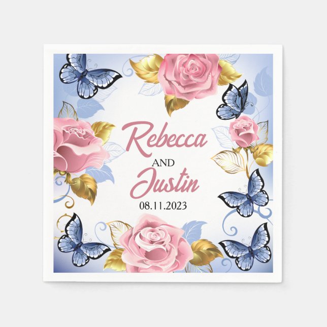 Pink and Blue Roses Floral Modern Boho Napkin (Front)